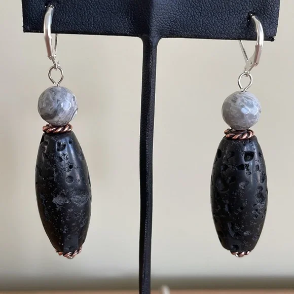 HAND CRAFTED EARRINGS Blackstone Gray Agate Copper Silver - Picture 6 of 12